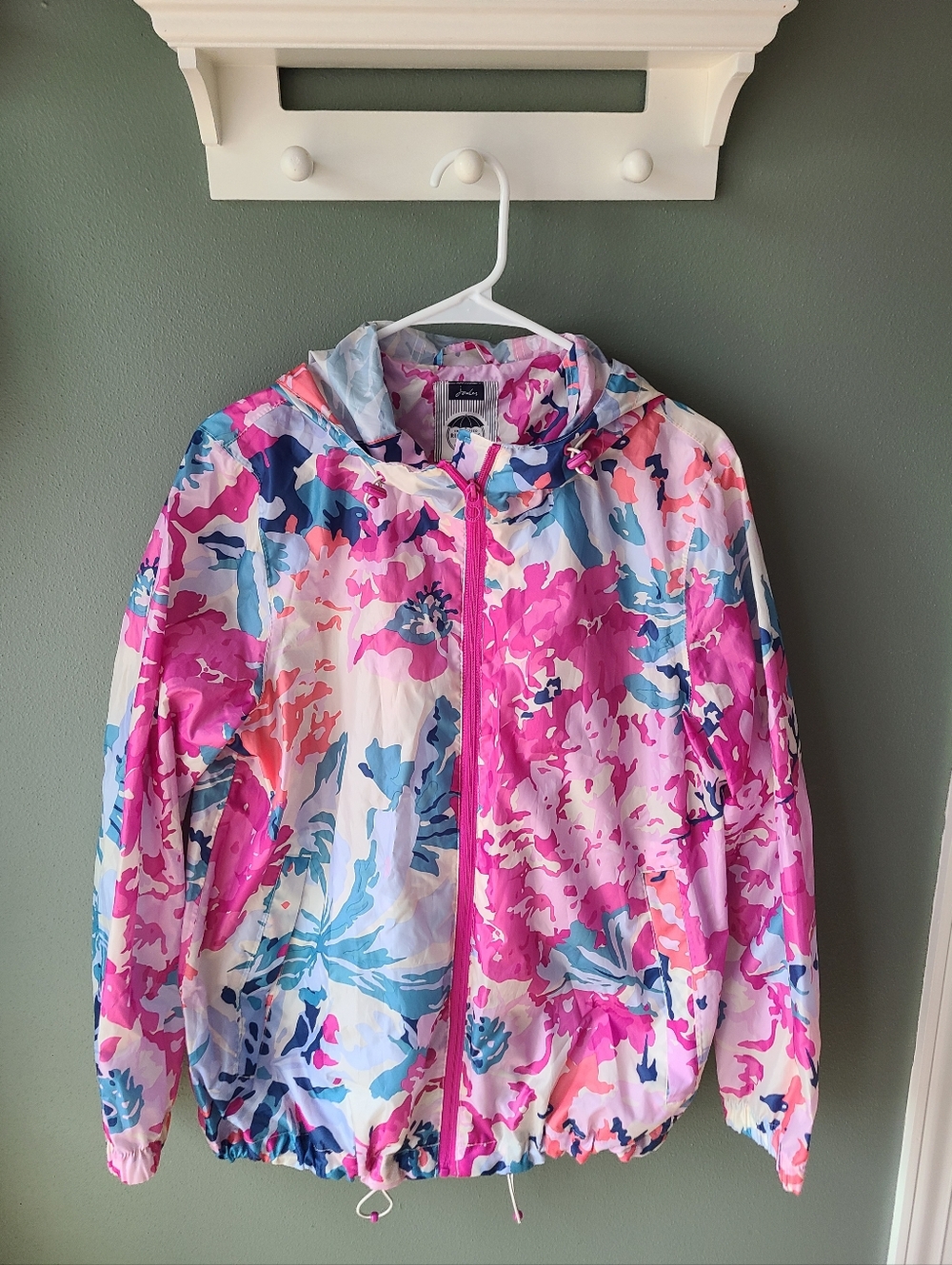 Joules Go Lightly Short Rain Jacket In Cream Floral, Size 12